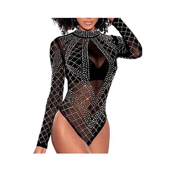 AKIRA Tops - AKIRA - Black Mesh Jeweled Bodysuit